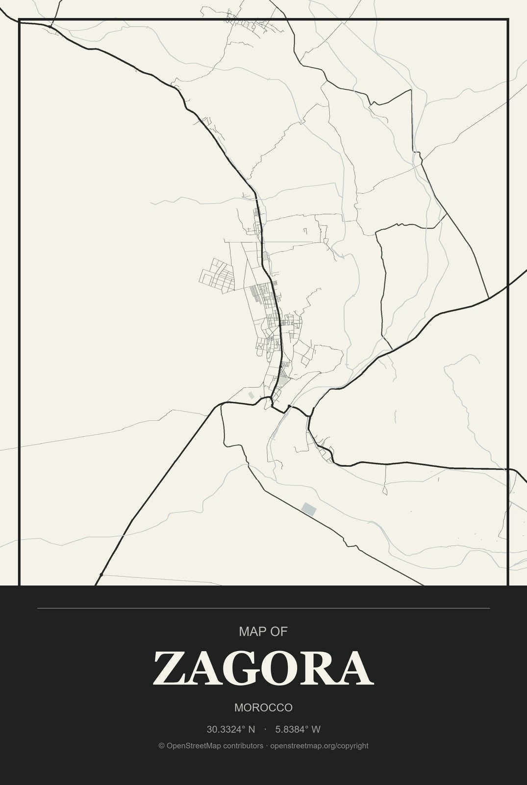Zagora, Morocco City Map Aluminum Sign in Museum Plaque style