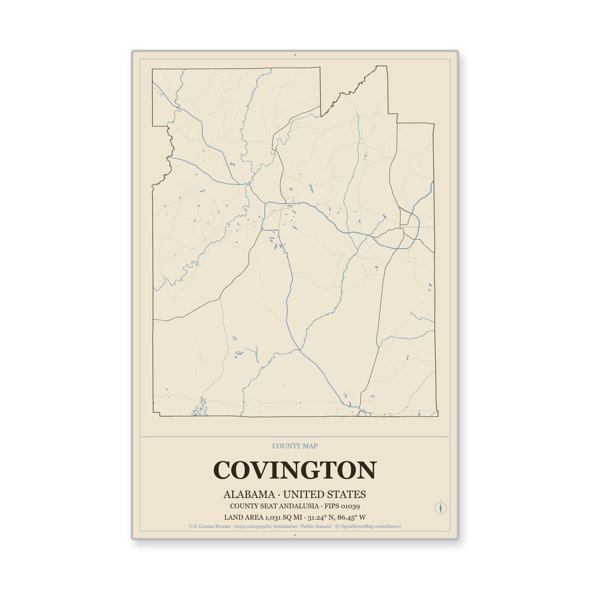 Covington County, Alabama Map Aluminum Sign in Heritage Nautical style