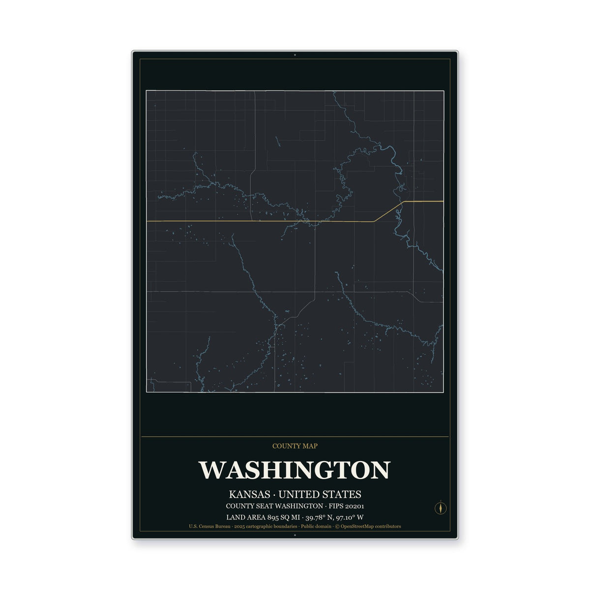 Washington County, Kansas Map Aluminum Sign in Metropolitan Noir style