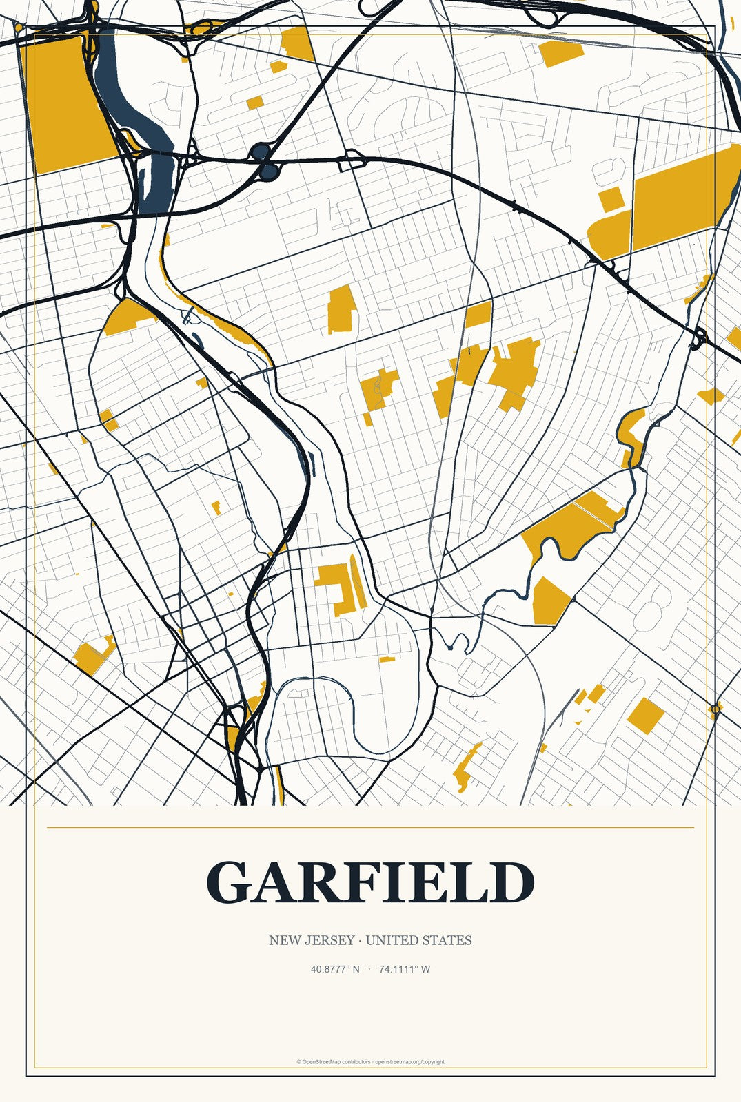 Garfield, New Jersey City Map Aluminum Sign in Citrine Modern style