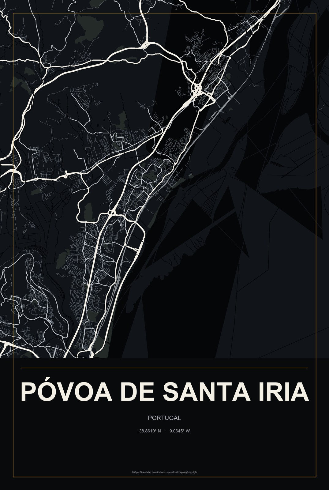 Póvoa de Santa Iria, Portugal City Map Aluminum Sign in Metropolitan Noir style