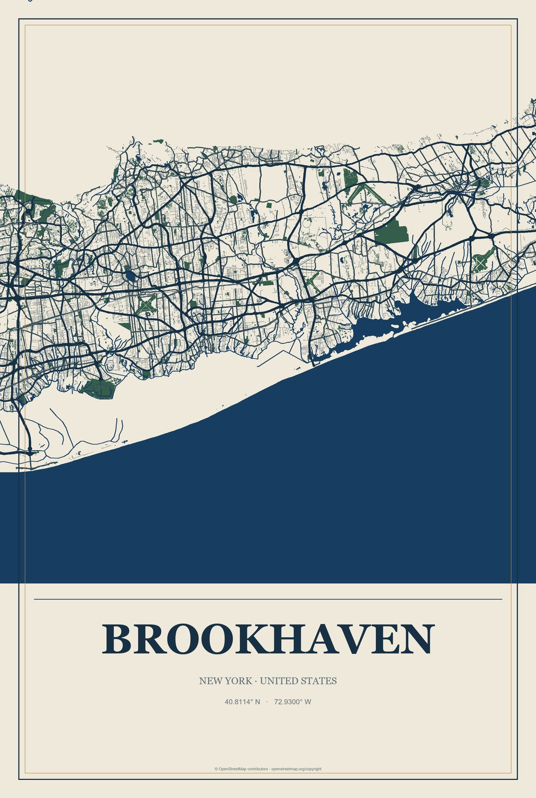 Brookhaven, New York City Map Aluminum Sign in Coastal Cutout style