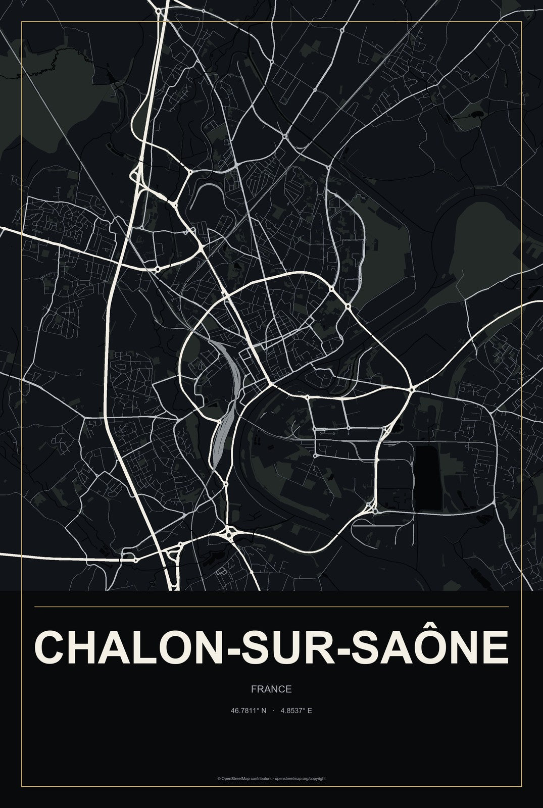 Chalon-sur-Saône, France City Map Aluminum Sign in Metropolitan Noir style