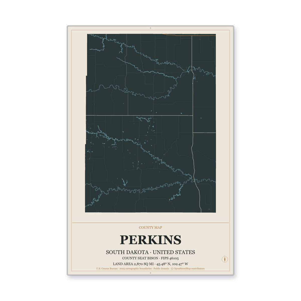 Perkins County, South Dakota Map Aluminum Sign in Headline Atlas style