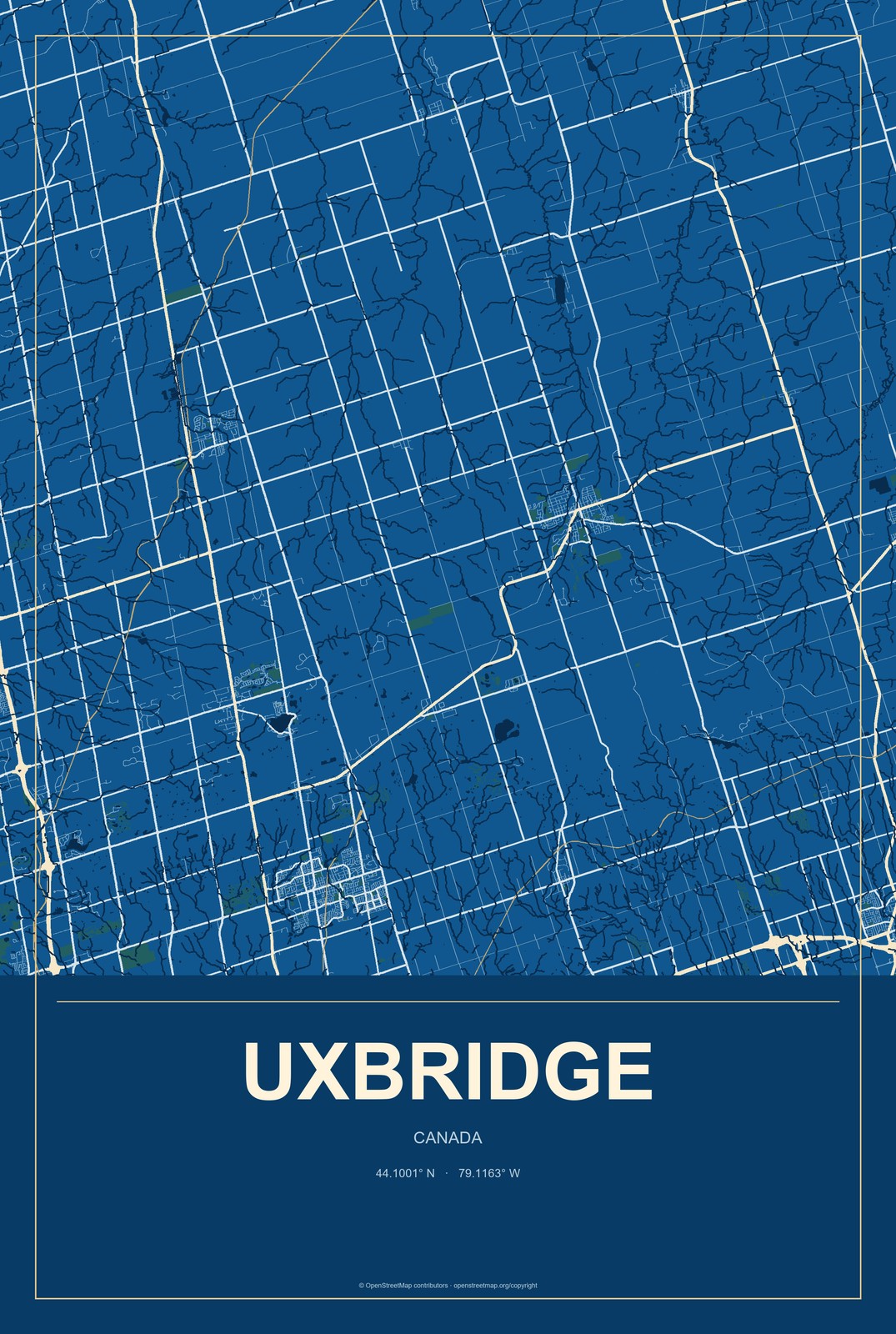 Uxbridge, Canada City Map Aluminum Sign in Harbor Cobalt style