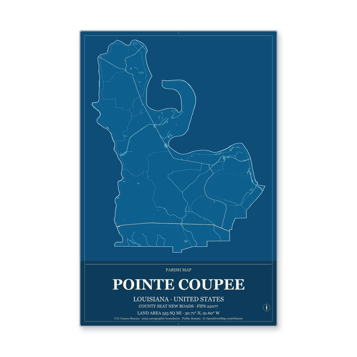 Pointe Coupee Parish, Louisiana Map Aluminum Sign in Harbor Cobalt style