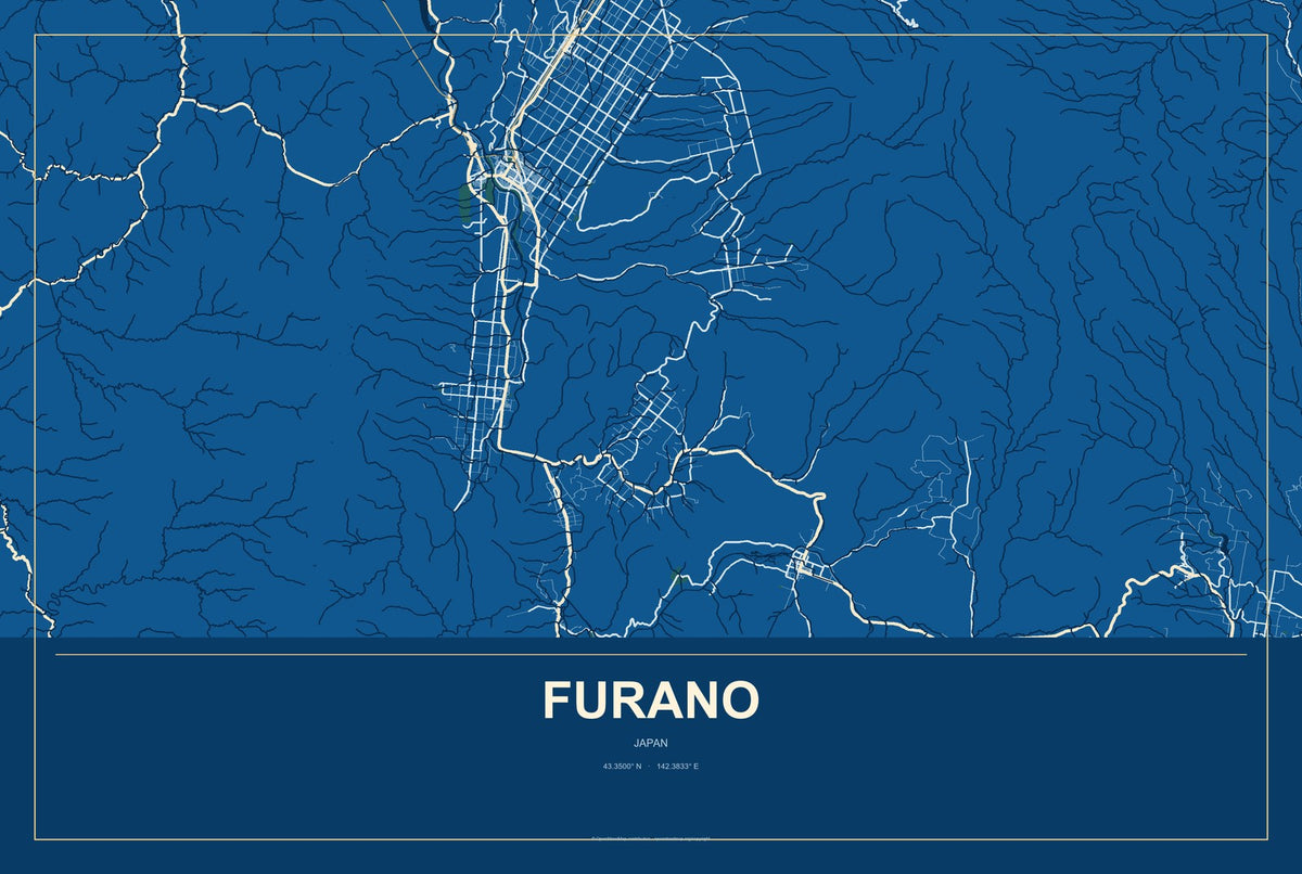 Furano, Japan City Map Aluminum Sign in Harbor Cobalt style