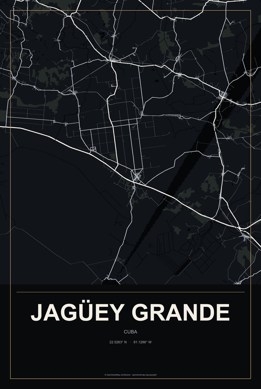 Jagüey Grande, Cuba City Map Aluminum Sign in Metropolitan Noir style