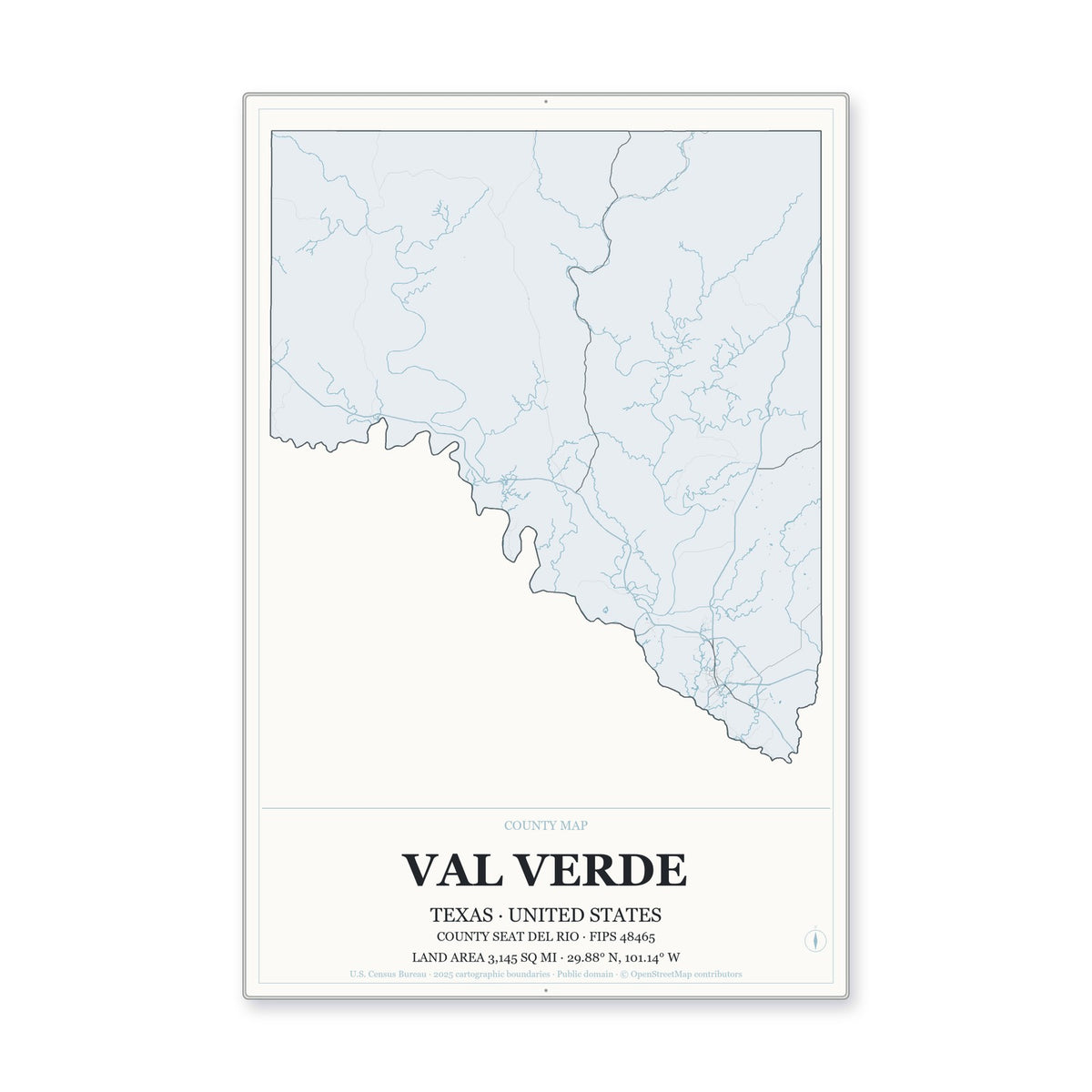 Val Verde County, Texas Map Aluminum Sign in Gallery Air style