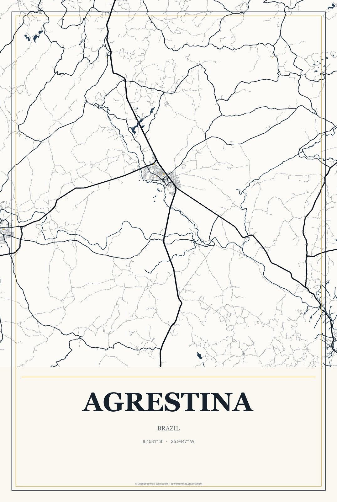 Agrestina, Brazil City Map Aluminum Sign in Citrine Modern style