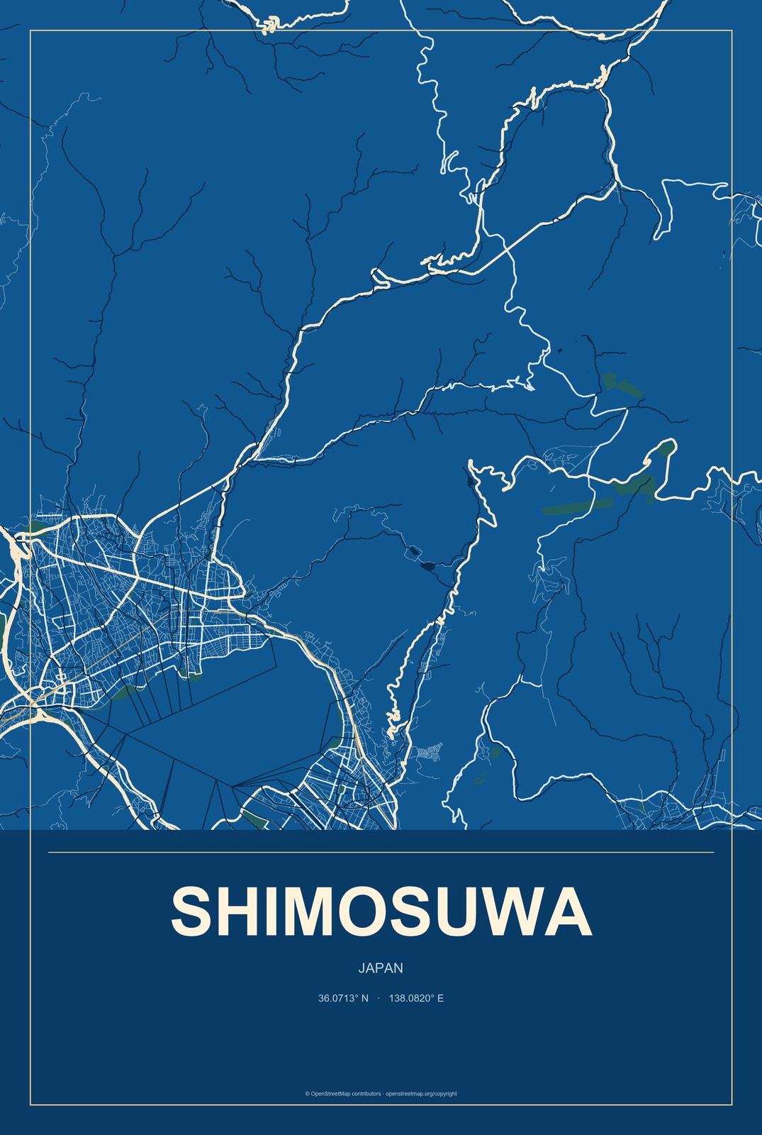Shimosuwa, Japan City Map Aluminum Sign in Harbor Cobalt style