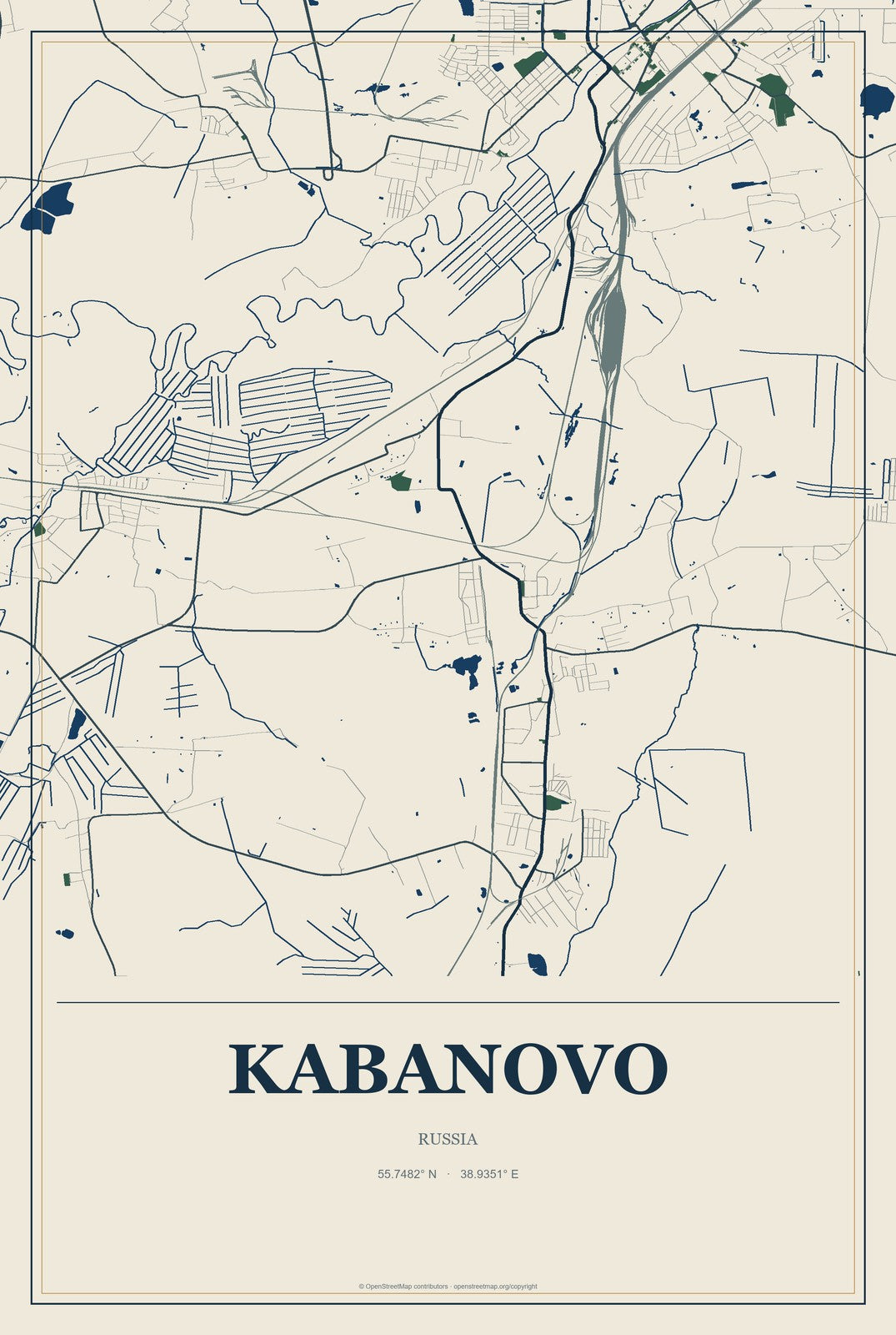 Kabanovo, Russia City Map Aluminum Sign in Coastal Cutout style