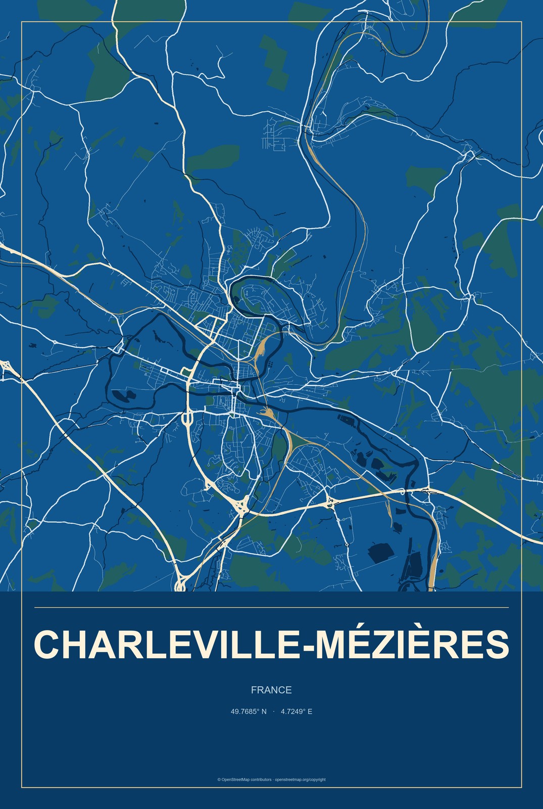 Charleville-Mézières, France City Map Aluminum Sign in Harbor Cobalt style