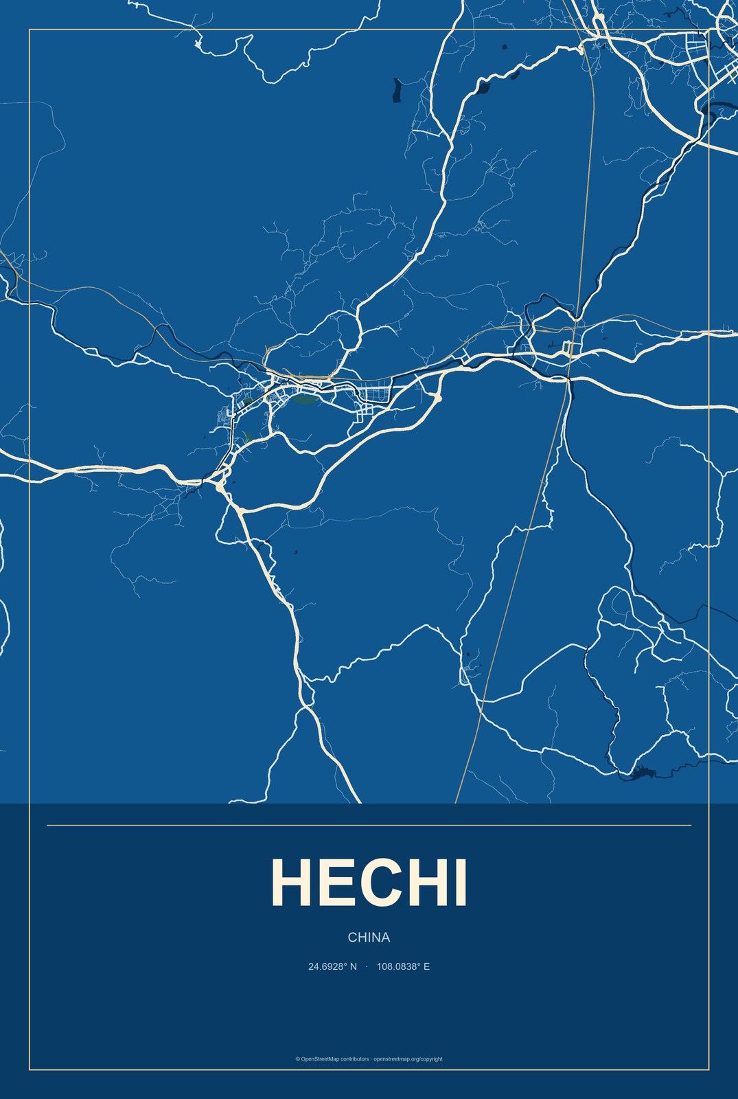 Hechi, China City Map Aluminum Sign in Harbor Cobalt style