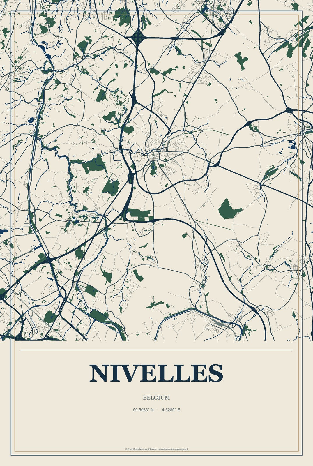 Nivelles, Belgium City Map Aluminum Sign in Coastal Cutout style