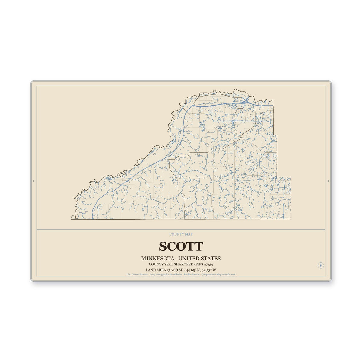 Scott County, Minnesota Map Aluminum Sign in Heritage Nautical style