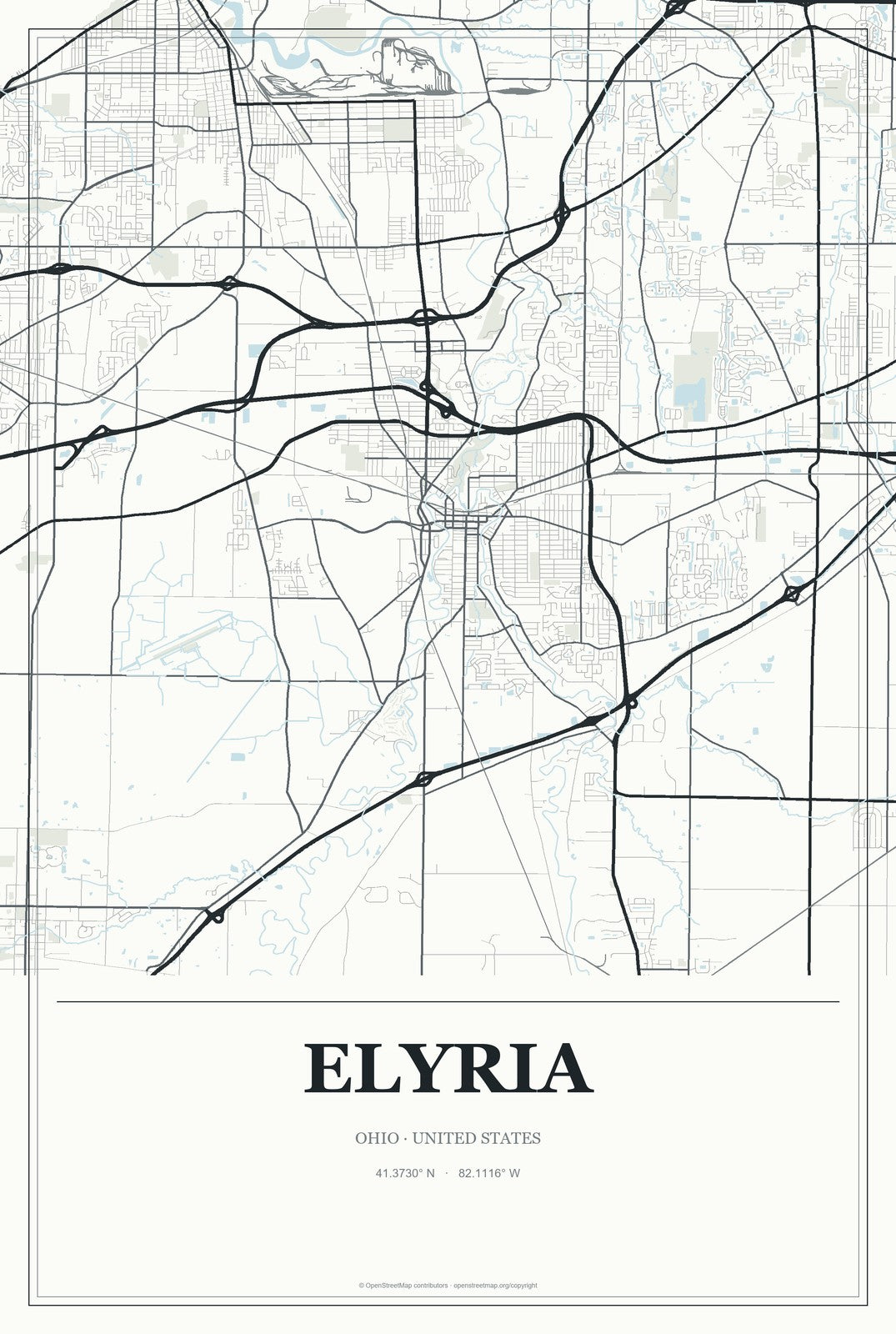 Elyria, Ohio City Map Aluminum Sign in Gallery Air style