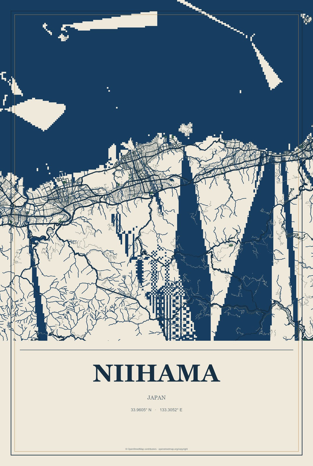 Niihama, Japan City Map Aluminum Sign in Coastal Cutout style