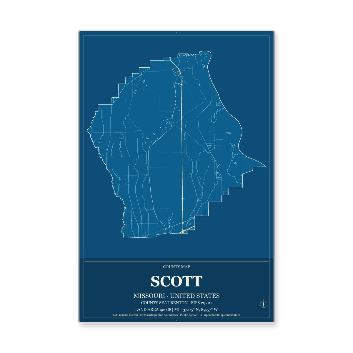 Scott County, Missouri Map Aluminum Sign in Harbor Cobalt style