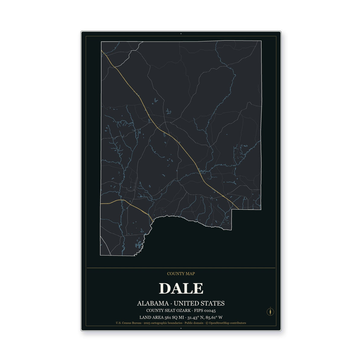 Dale County, Alabama Map Aluminum Sign in Metropolitan Noir style