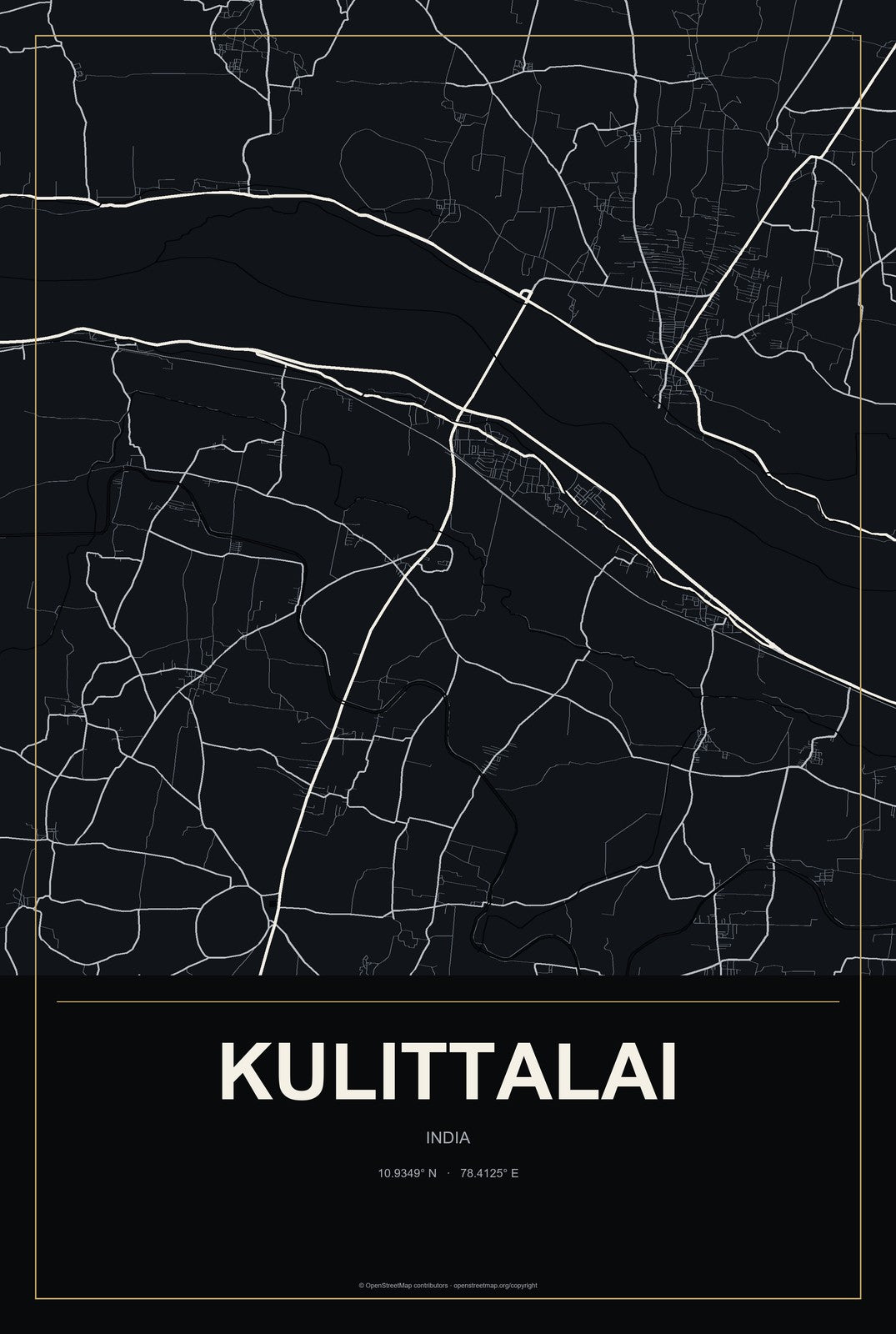 Kulittalai, India City Map Aluminum Sign in Metropolitan Noir style