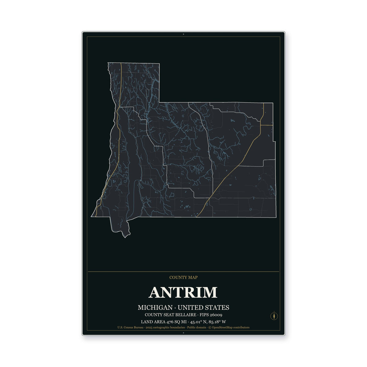 Antrim County, Michigan Map Aluminum Sign in Metropolitan Noir style