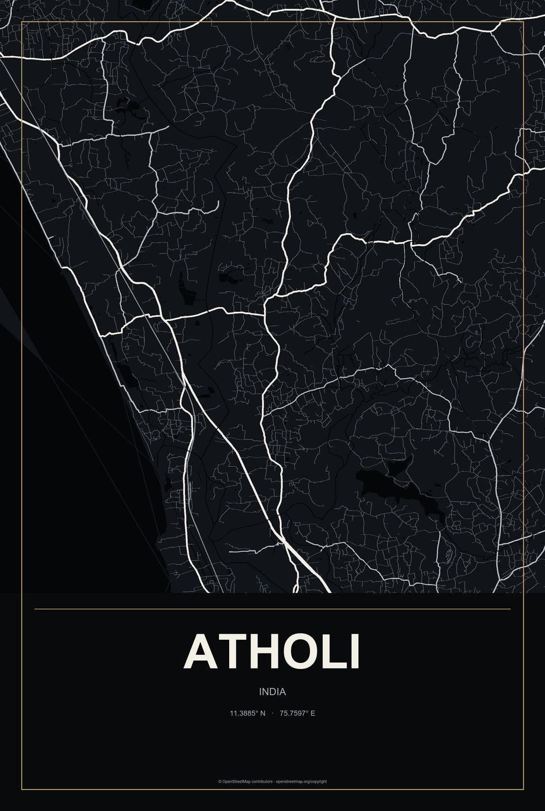 Atholi, India City Map Aluminum Sign in Metropolitan Noir style