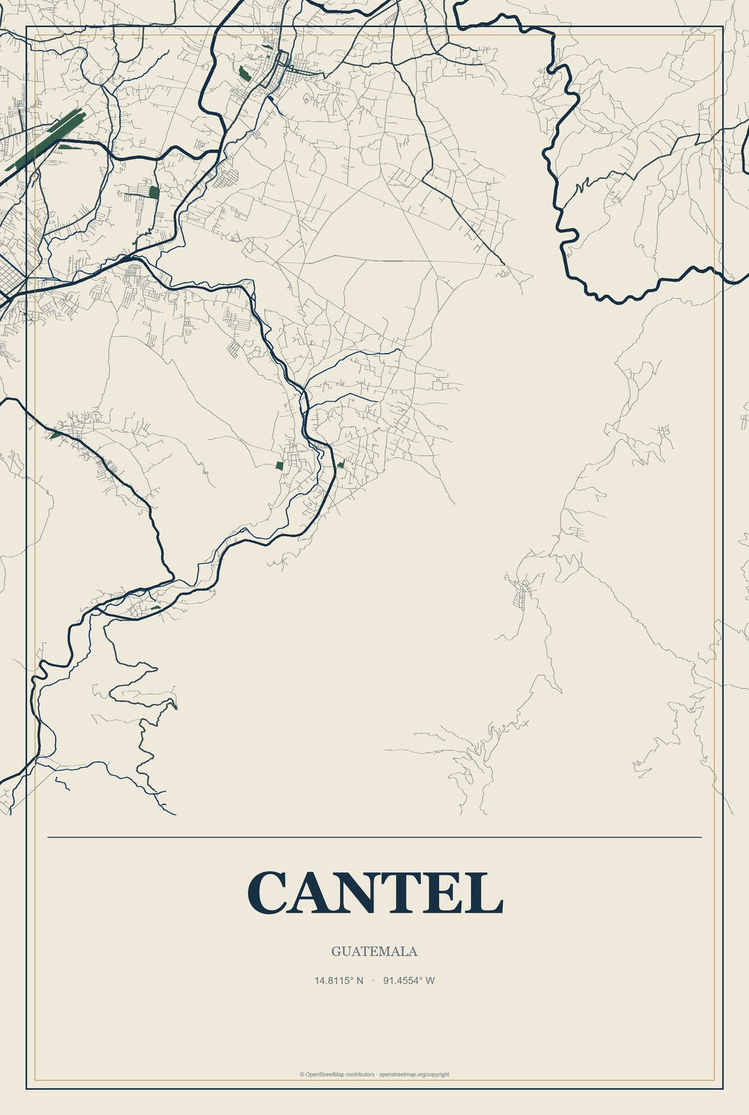 Cantel, Guatemala City Map Aluminum Sign in Coastal Cutout style