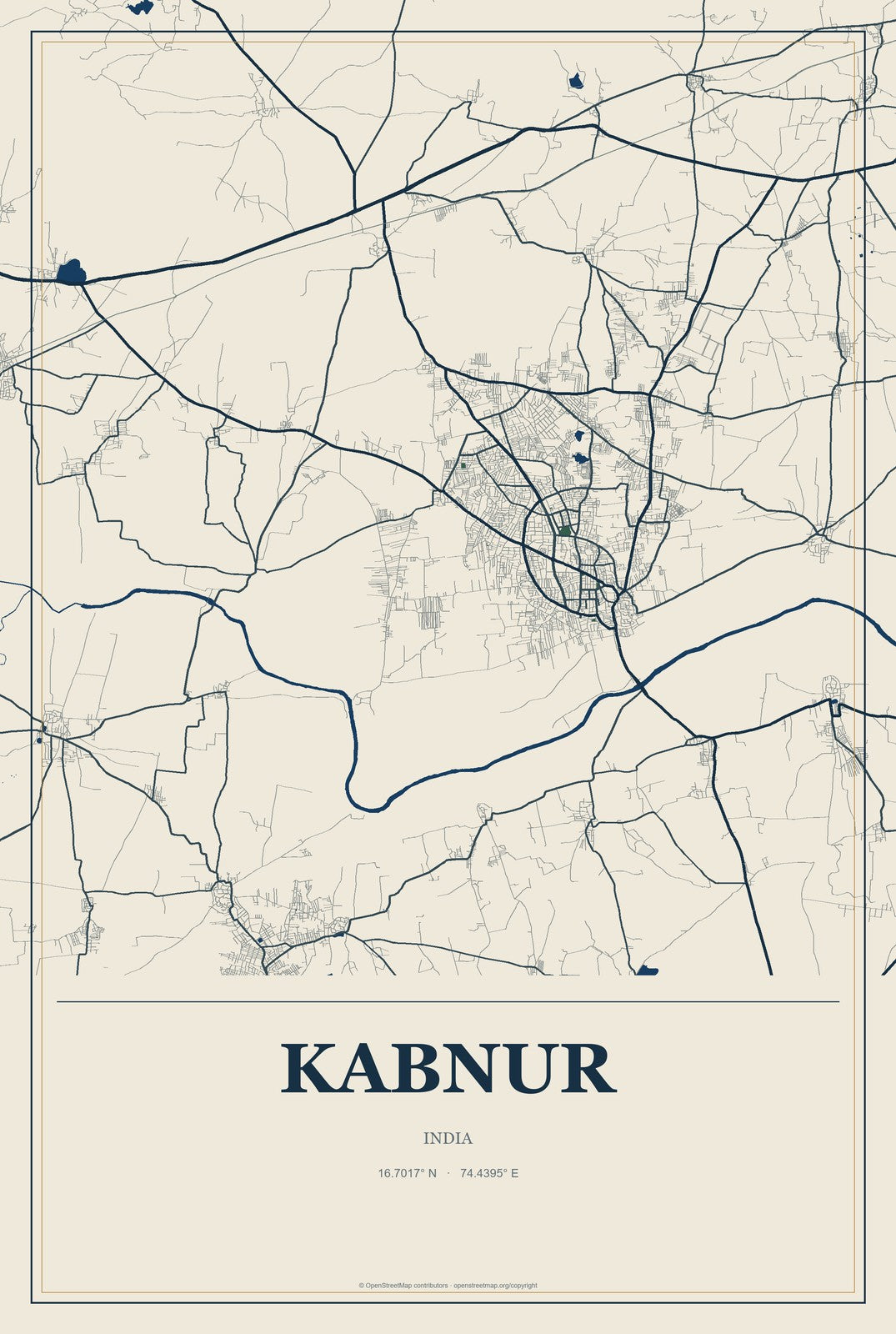 Kabnur, India City Map Aluminum Sign in Coastal Cutout style
