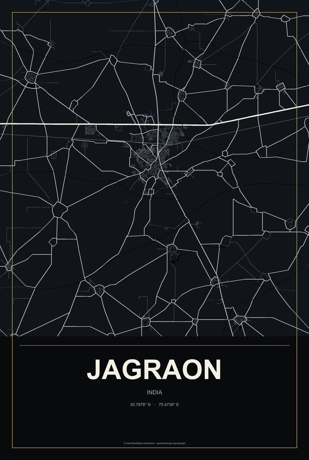 Jagraon, India City Map Aluminum Sign in Metropolitan Noir style