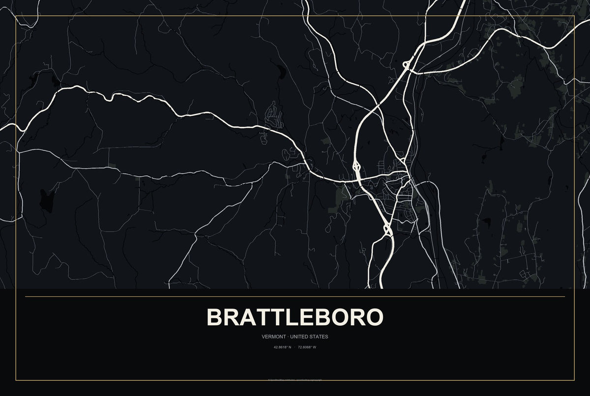 Brattleboro, Vermont City Map Aluminum Sign in Metropolitan Noir style