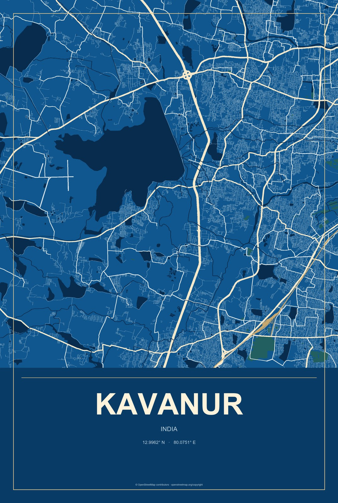 Kavanur, India City Map Aluminum Sign in Harbor Cobalt style