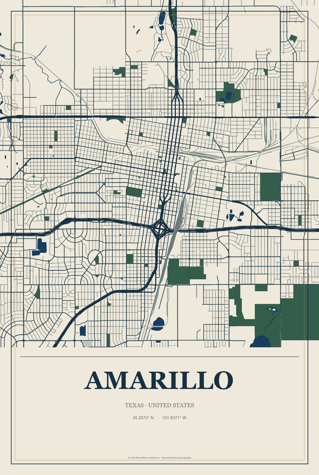 Amarillo, Texas City Map Aluminum Sign in Coastal Cutout style
