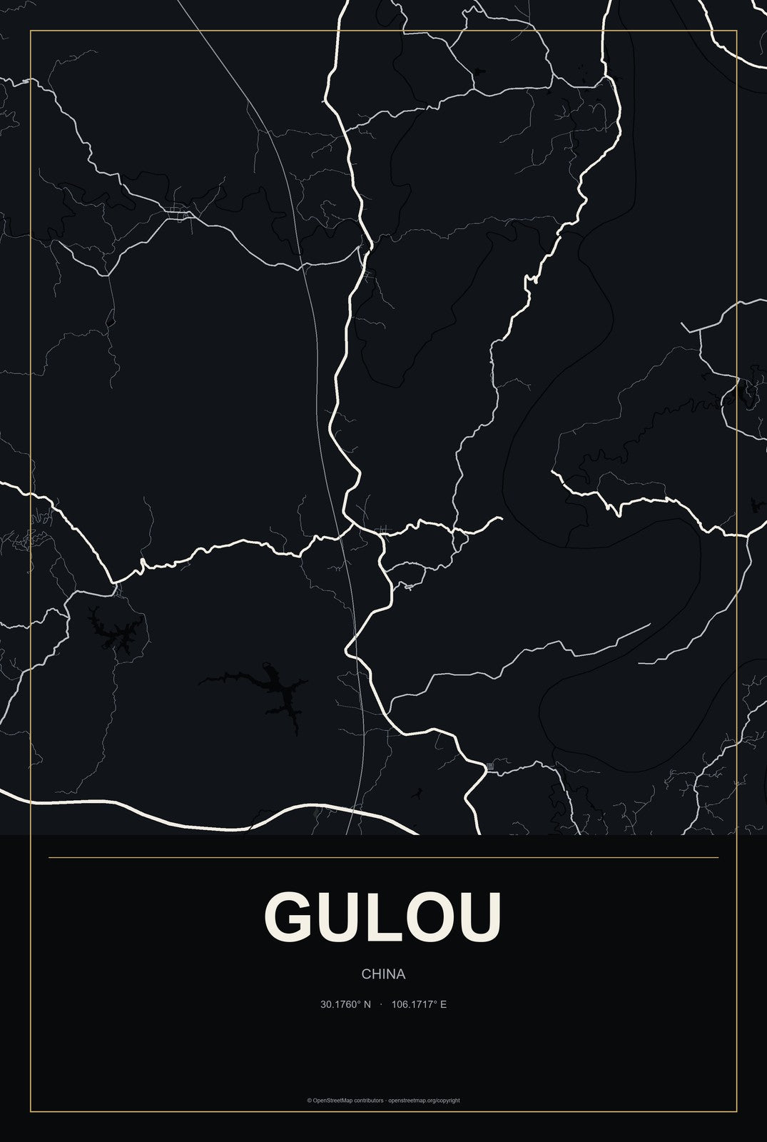 Gulou, China City Map Aluminum Sign in Metropolitan Noir style