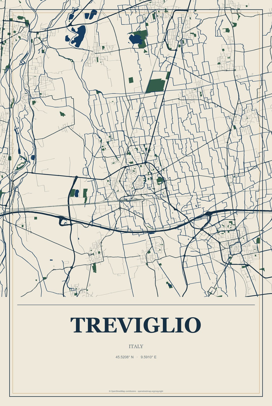 Treviglio, Italy City Map Aluminum Sign in Coastal Cutout style