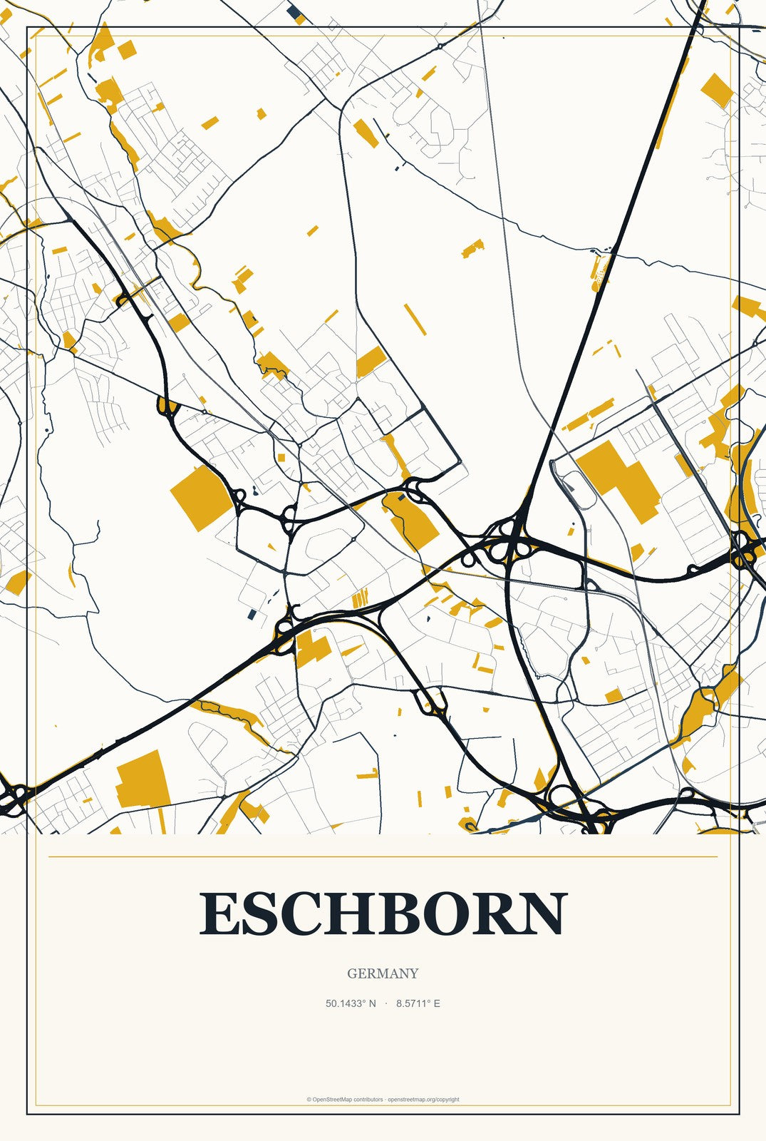 Eschborn, Germany City Map Aluminum Sign in Citrine Modern style