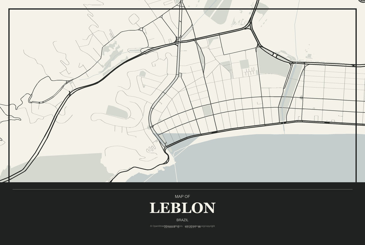 Leblon, Brazil City Map Aluminum Sign in Museum Plaque style