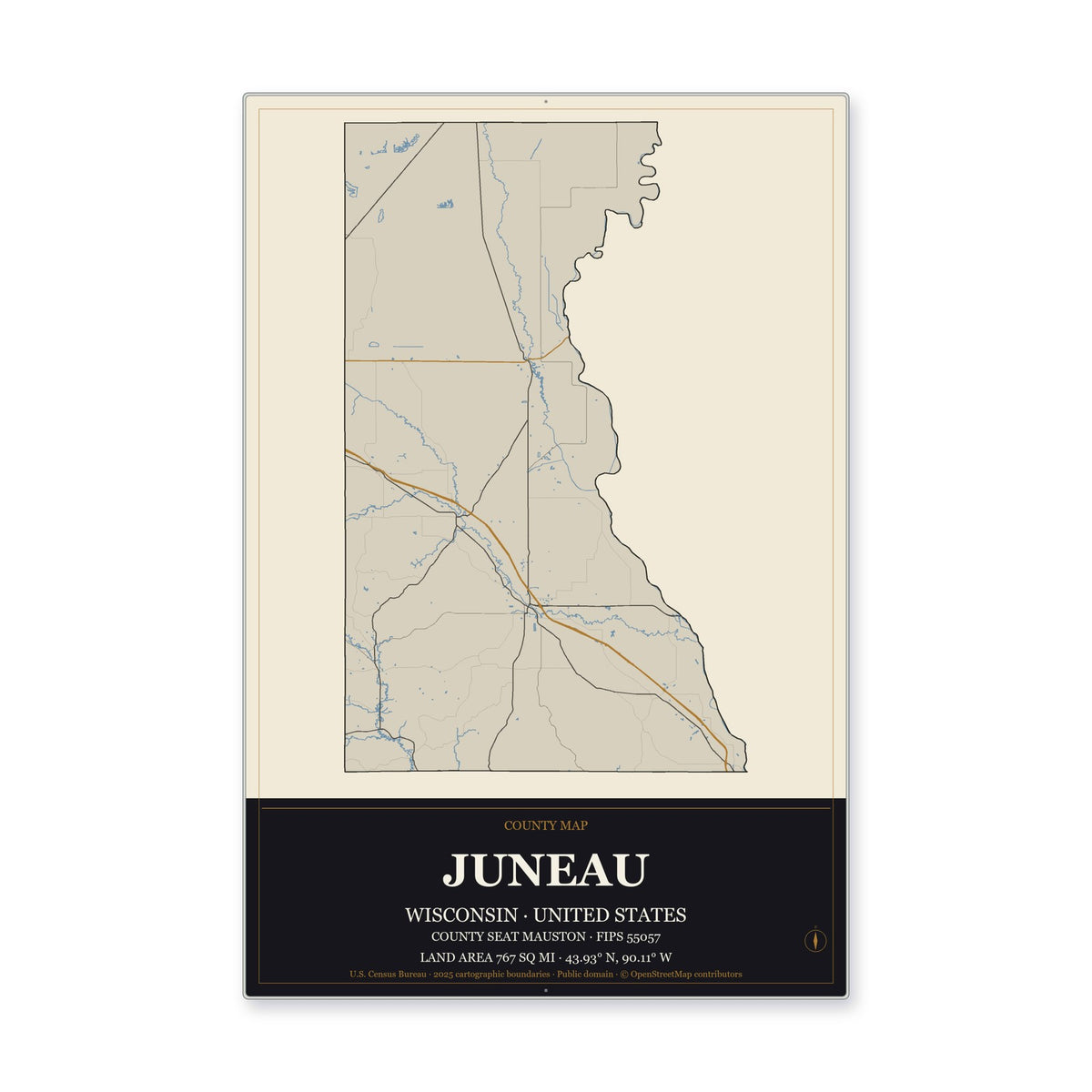 Juneau County, Wisconsin Map Aluminum Sign in Museum Plaque style