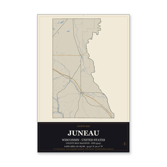 Juneau County, Wisconsin Map Aluminum Sign in Museum Plaque style