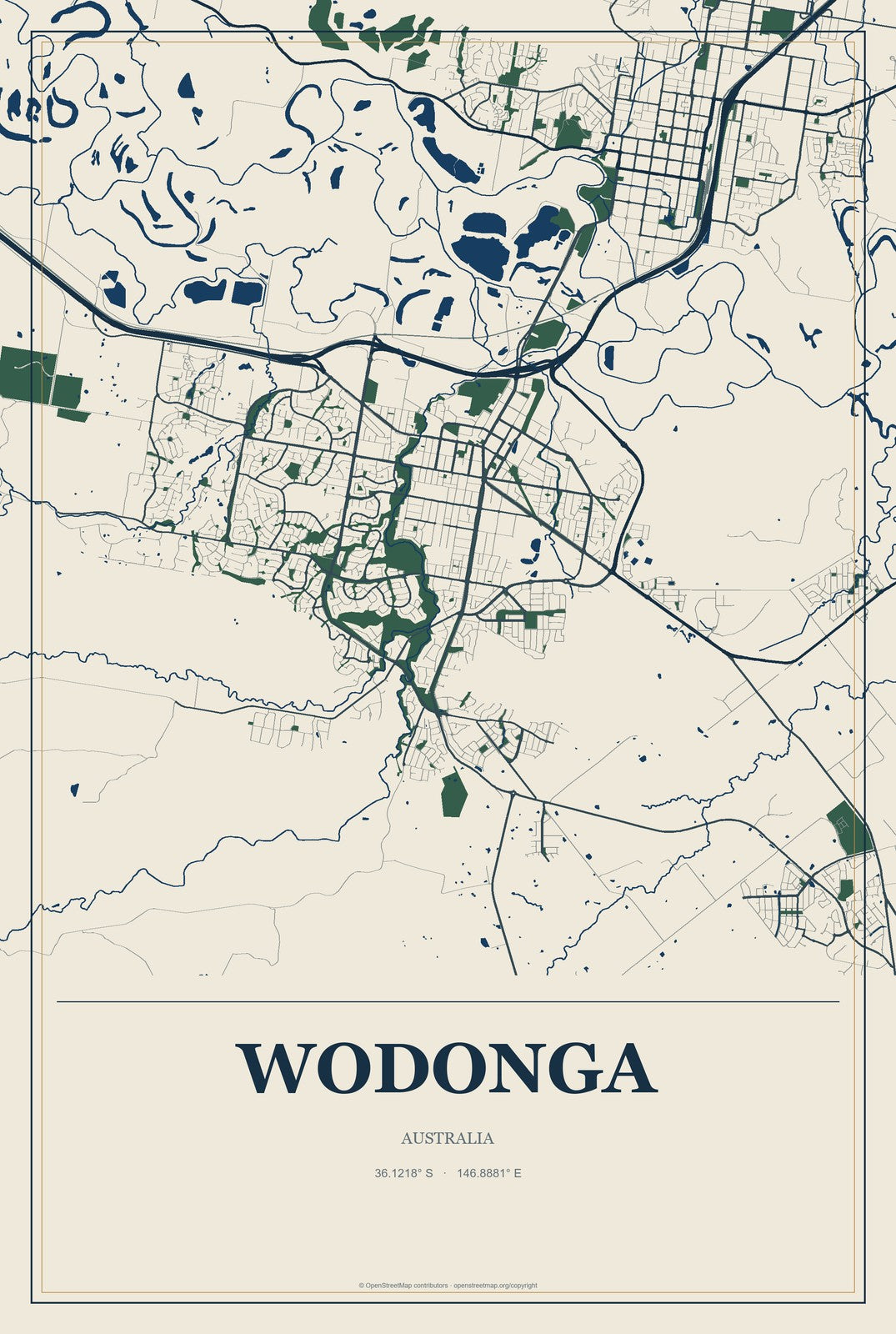 Wodonga, Australia City Map Aluminum Sign in Coastal Cutout style