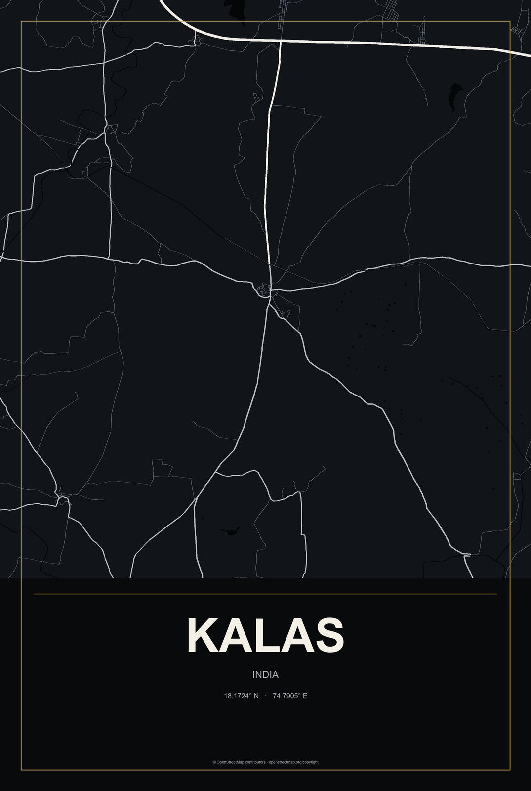 Kalas, India City Map Aluminum Sign in Metropolitan Noir style