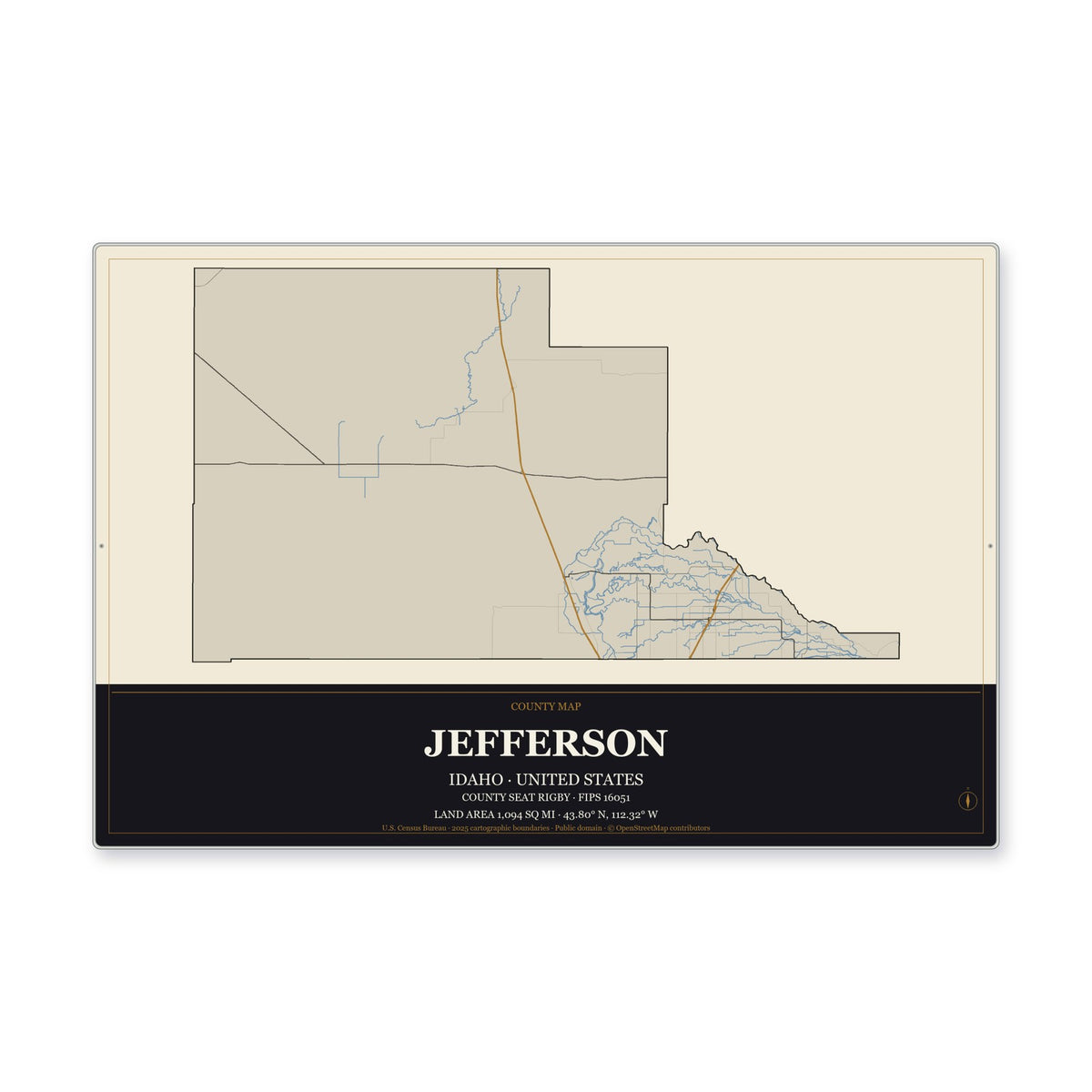 Jefferson County, Idaho Map Aluminum Sign in Museum Plaque style