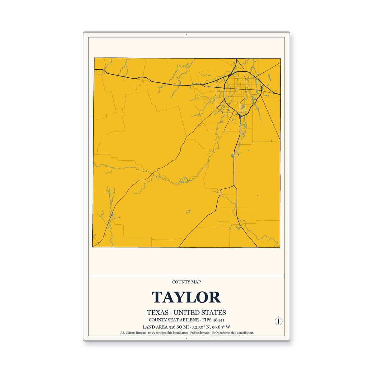 Taylor County, Texas Map Aluminum Sign in Citrine Modern style