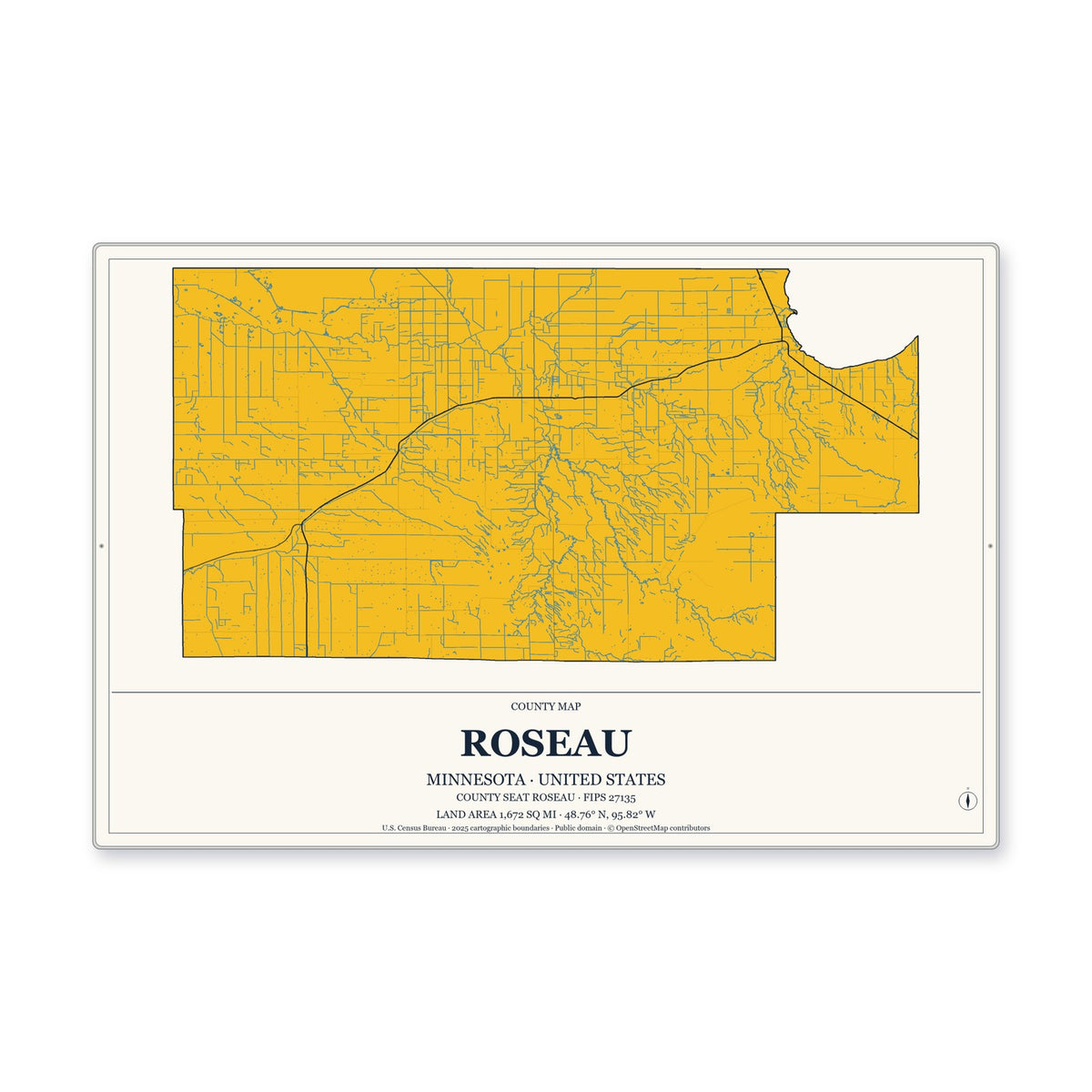 Roseau County, Minnesota Map Aluminum Sign in Citrine Modern style