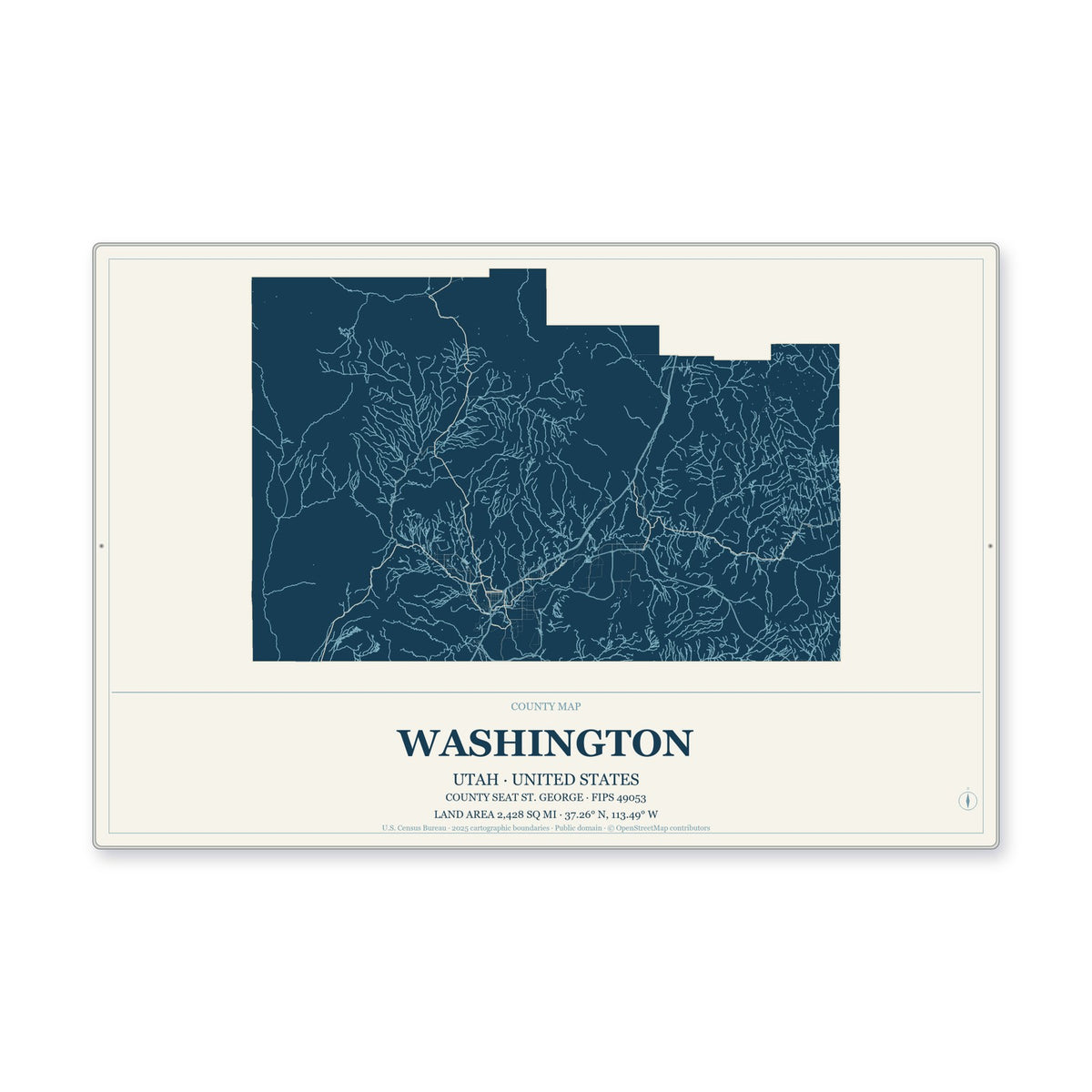 Washington County, Utah Map Aluminum Sign in Coastal Cutout style