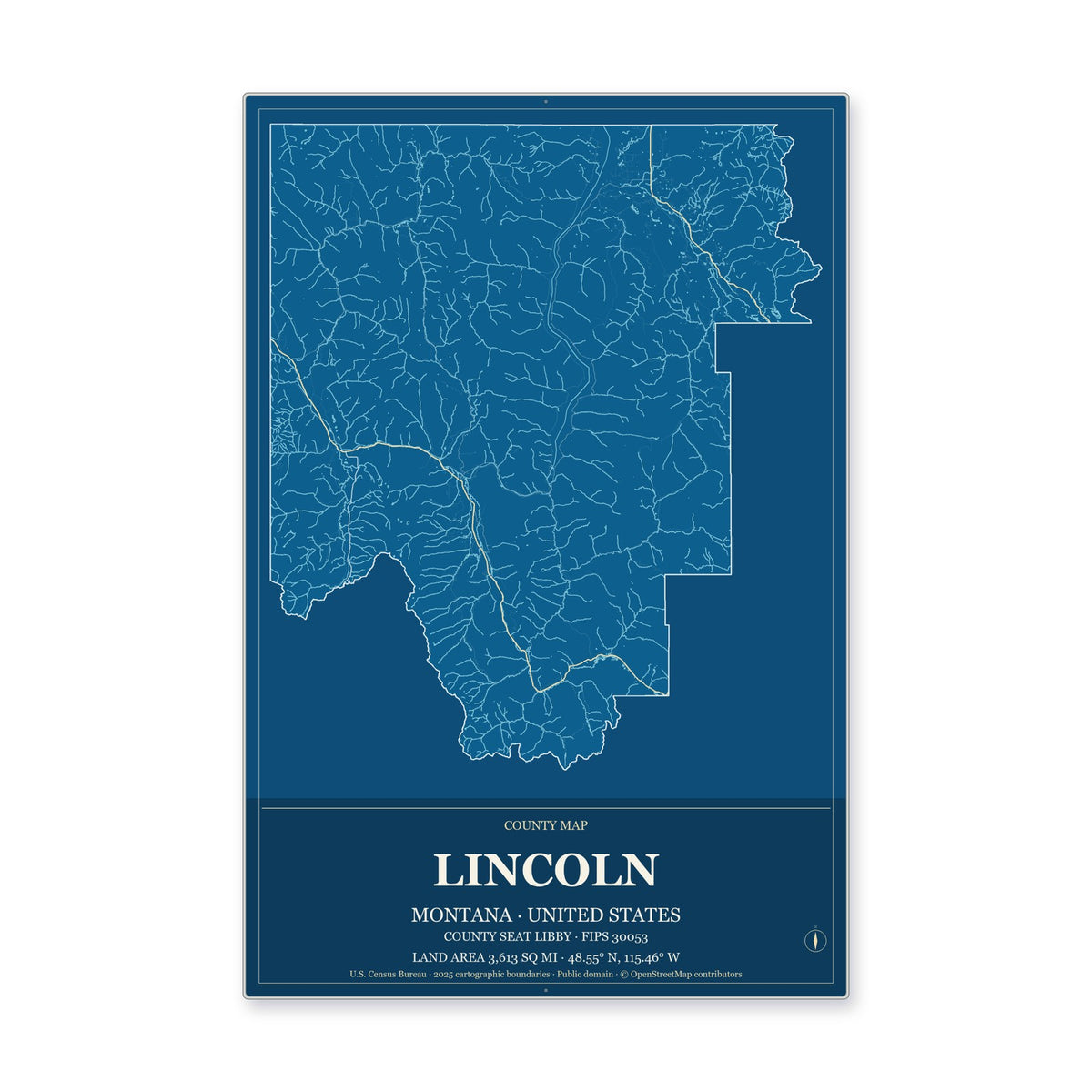 Lincoln County, Montana Map Aluminum Sign in Harbor Cobalt style