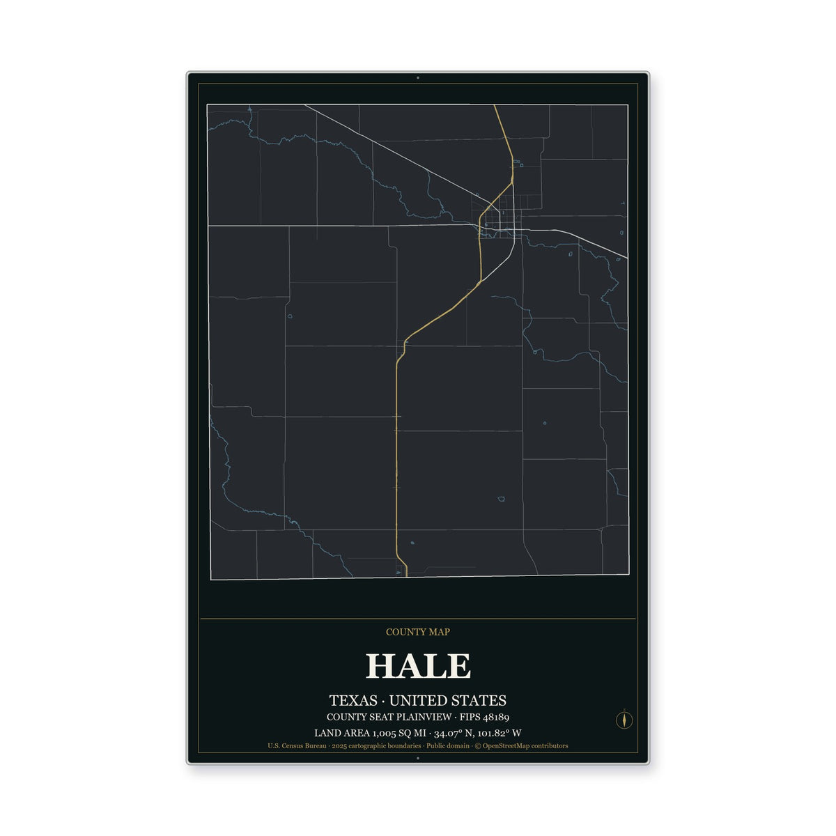 Hale County, Texas Map Aluminum Sign in Metropolitan Noir style