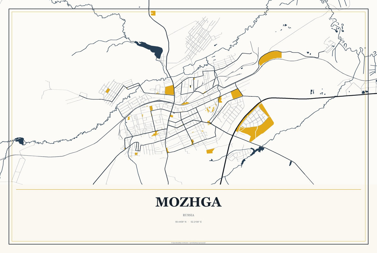 Mozhga, Russia City Map Aluminum Sign in Citrine Modern style
