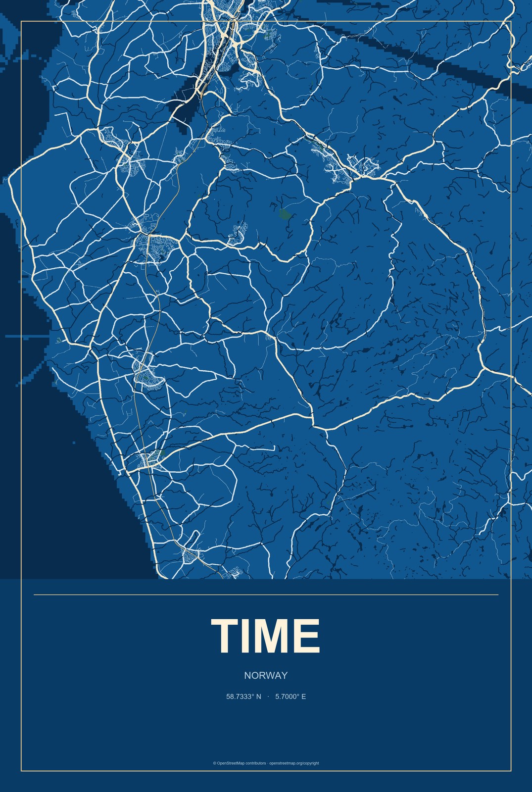 Time, Norway City Map Aluminum Sign in Harbor Cobalt style