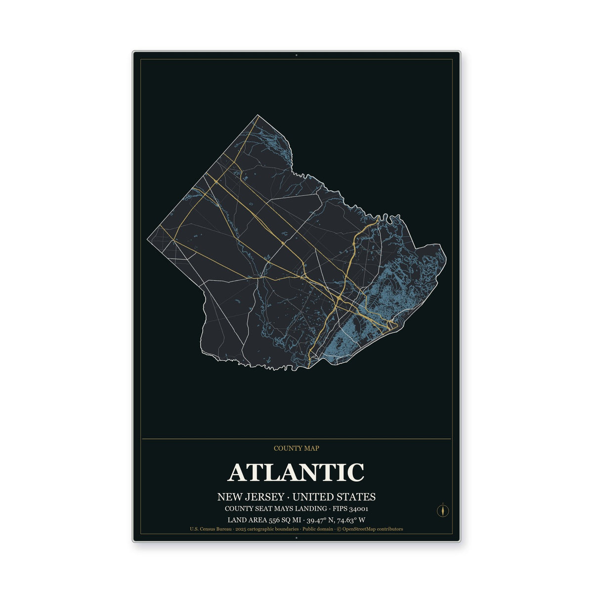 Atlantic County, New Jersey Map Aluminum Sign in Metropolitan Noir style